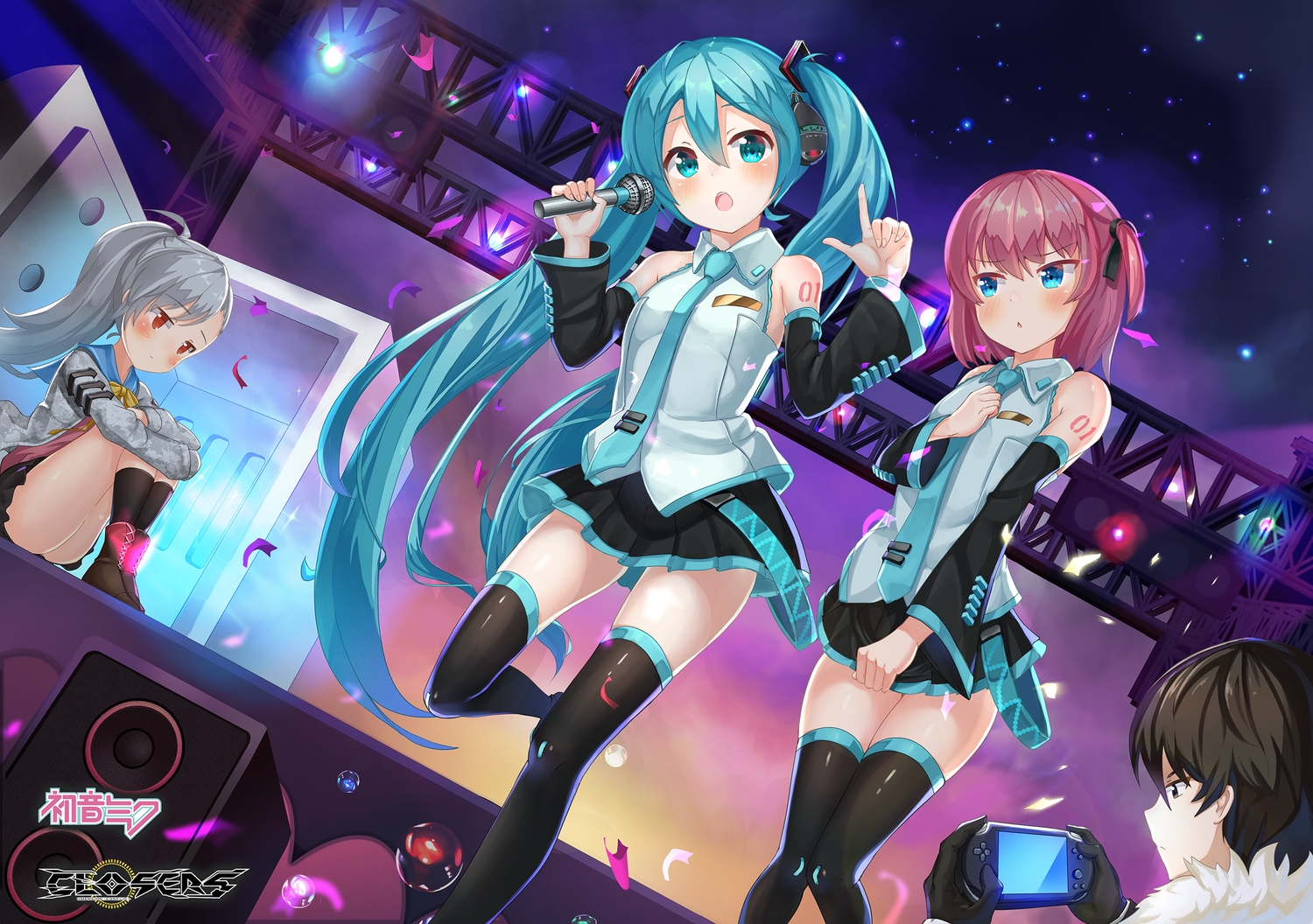 2drr, aqua_eyes, aqua_hair, black_hair, blush, boots, closers, cosplay