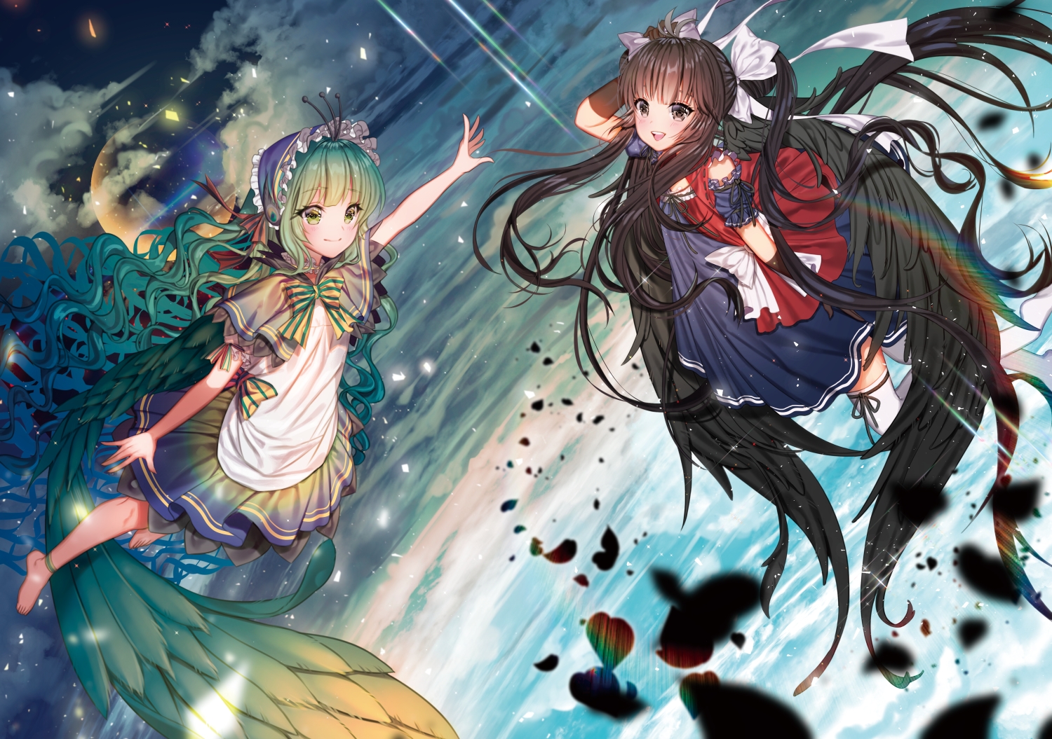 2girls, black_hair, blush, bow, dress, elbow_gloves, gloves, green_eyes, green_hair, headdress, kosanmaka, long_hair, original, rainbow, wings