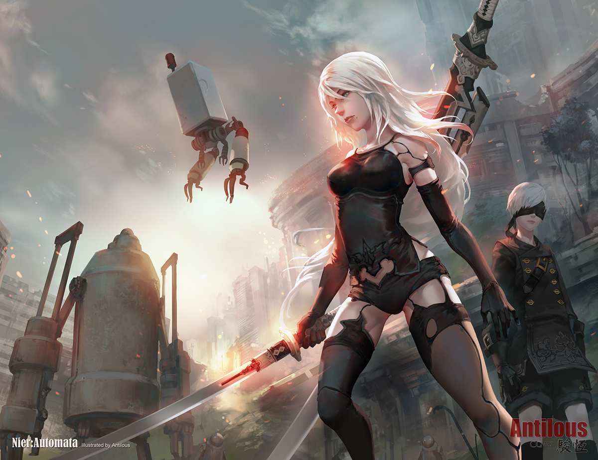 antilous, aqua_eyes, blindfold, elbow_gloves, gloves, long_hair, male, nier, nier:_automata, pod_(nier:_automata), robot, shorts, sword, thighhighs, watermark, weapon, white_hair, yorha_unit_no._2_type_a, yorha_unit_no._9_type_s
