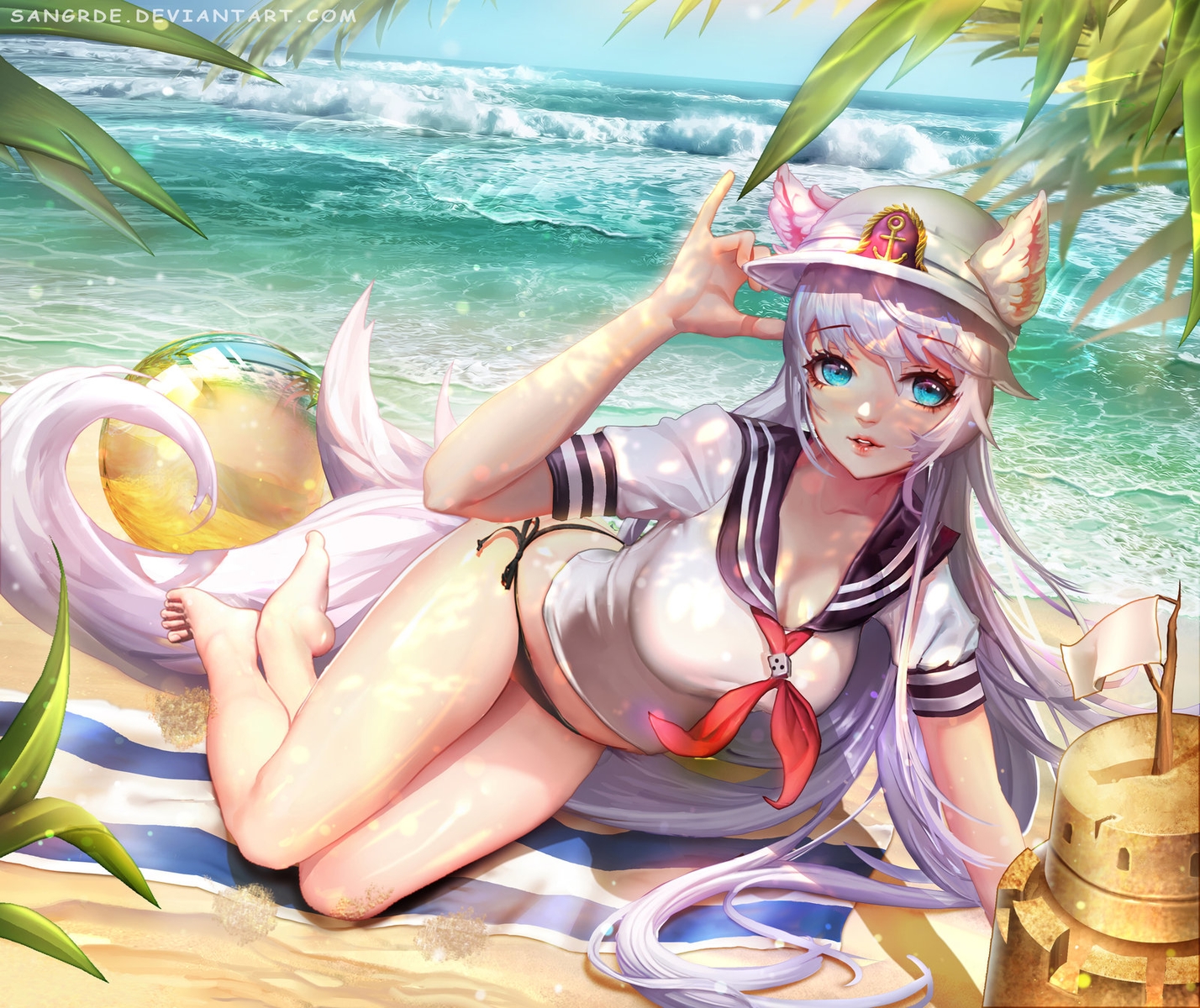 animal_ears, aqua_eyes, beach, catgirl, hat, sangrde, school_uniform, swimsuit