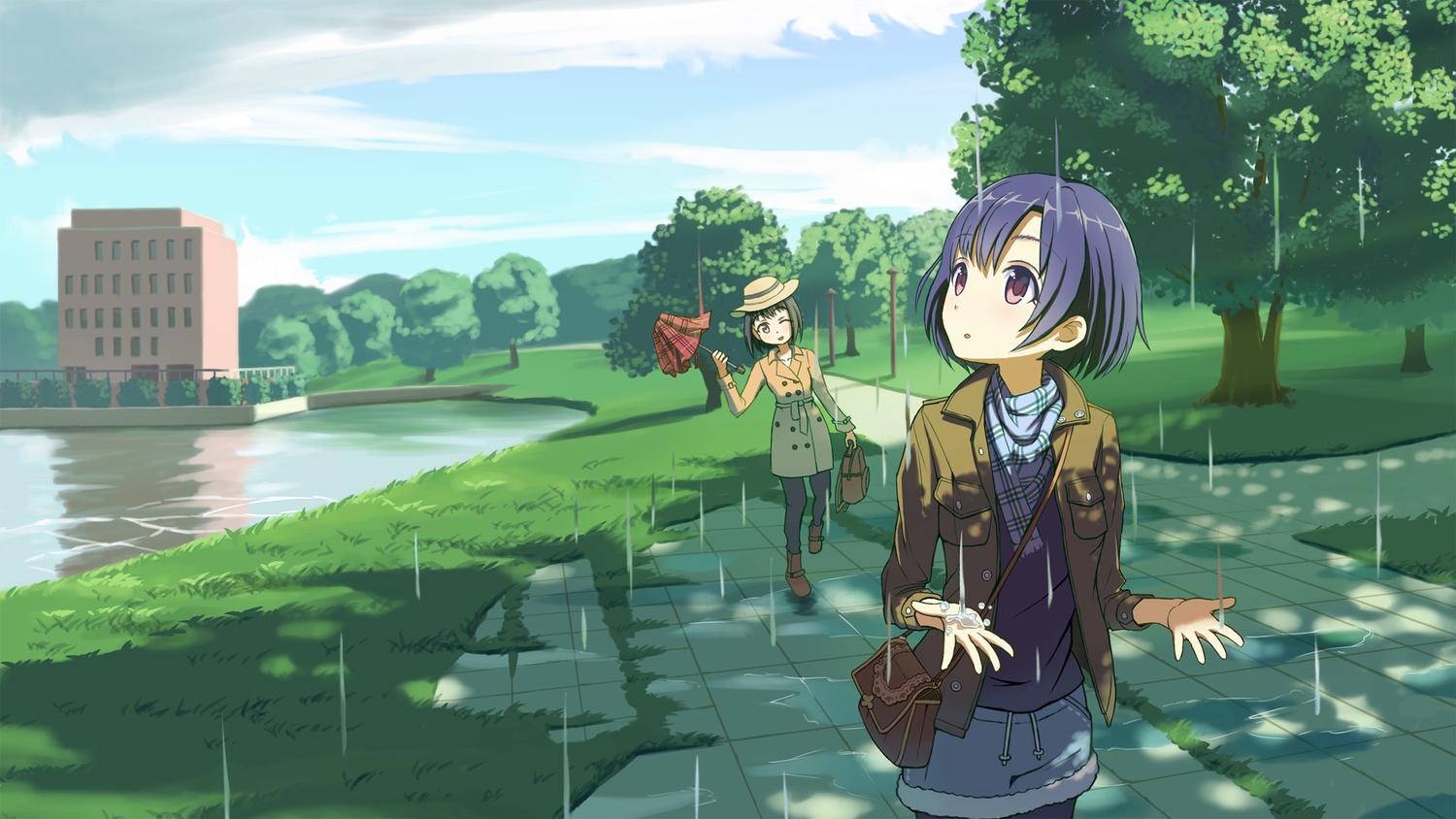 2girls, building, grass, green, hat, idolmaster, idolmaster_cinderella_girls_starlight_stage, park