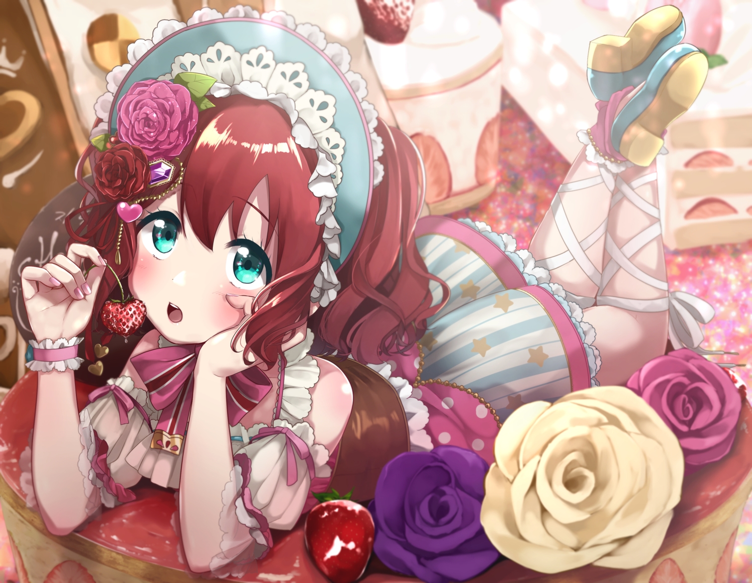 aqua_eyes, blush, cake, flowers, food, fruit, headdress, kurosawa_ruby, love_live!_school_idol_project, love_live!_sunshine!!, red_hair, rose, strawberry, twintails, wristwear, yuama_(drop)