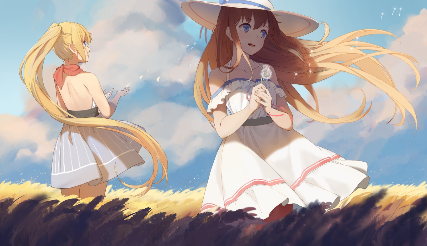2girls, blue_eyes, clouds, dress, hat, hornet, long_hair, northampton_(zhanjian_shaonu), ponytail, shuang_ye, sky, summer_dress, twintails, zhanjian_shaonu