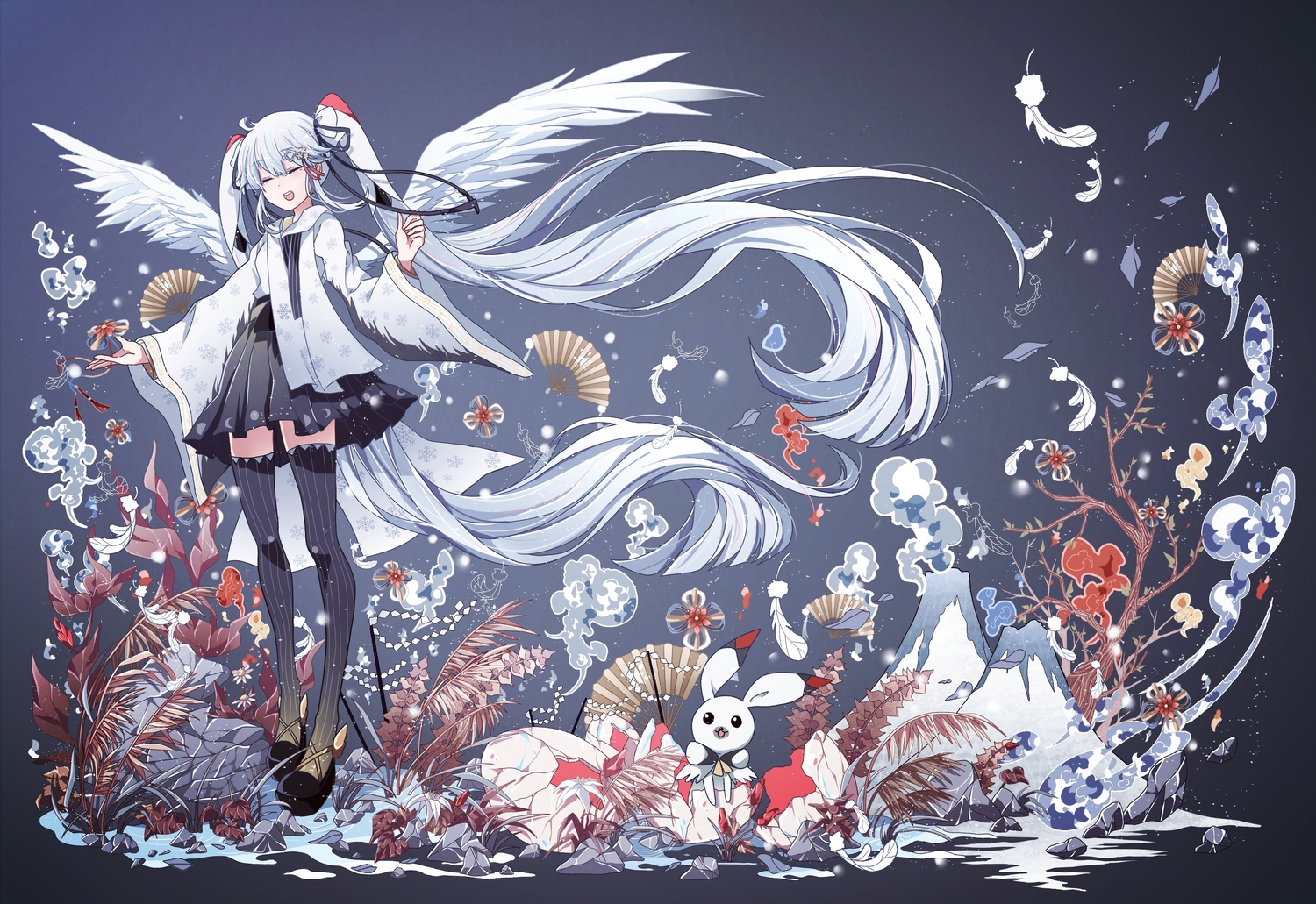 azure-aoi-, fan, feathers, hatsune_miku, japanese_clothes, long_hair, thighhighs, twintails, vocaloid, white_hair