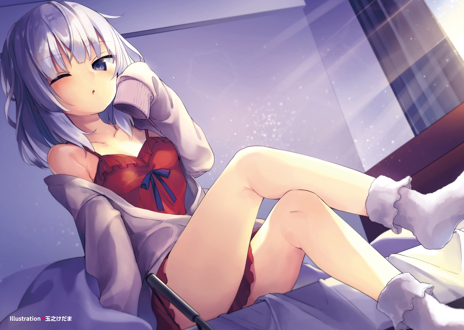 bed, kedama_milk, sakayanagi_arisu, short_hair, socks, watermark, white_hair, wink, youkoso_jitsuryoku_shijou_shugi_no_kyoushitsu_e
