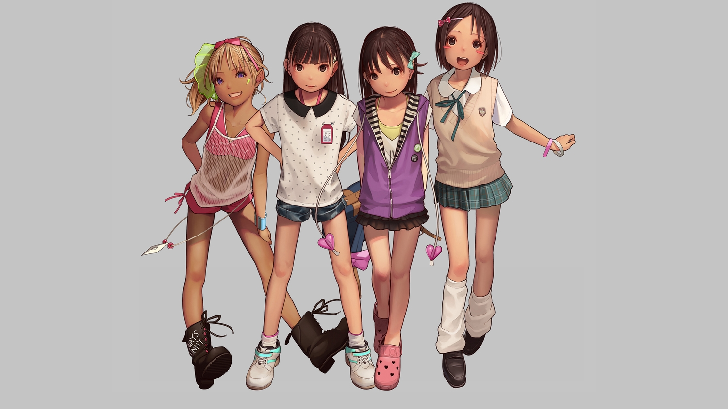 blonde_hair, blue_eyes, blush, boots, bow, braids, brown_eyes, brown_hair, dark_skin, group, headband, hood, kagamine-ikka, kneehighs, loli, long_hair, navel, ponytail, school_uniform, see_through, short_hair, shorts, skirt, socks, wristwear
