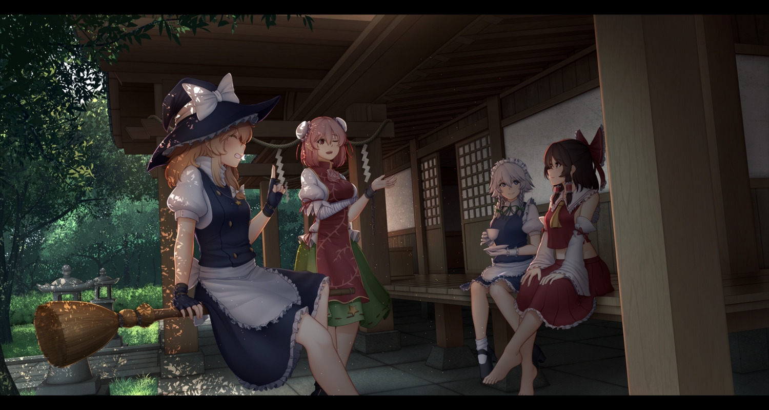 apron, barefoot, blonde_hair, bow, dress, gloves, group, hakurei_reimu