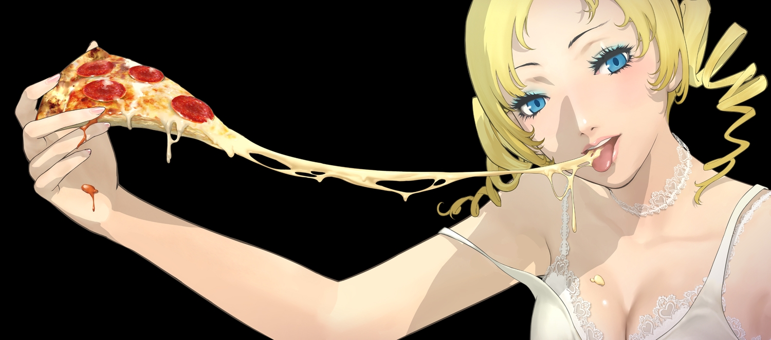 black, blonde_hair, blue_eyes, bra, breasts, catherine, catherine_(character), cleavage