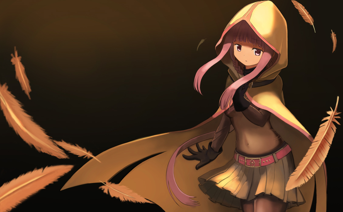 bodysuit, brown, cape, feathers, gloves, gradient, hood, long_hair