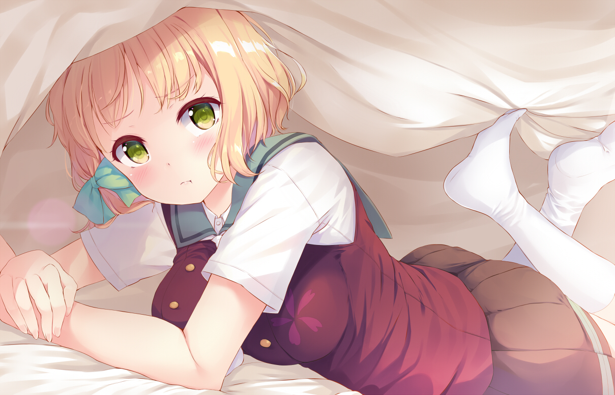 blonde_hair, blush, bow, breasts, green_eyes, kneehighs, komone_ushio, original