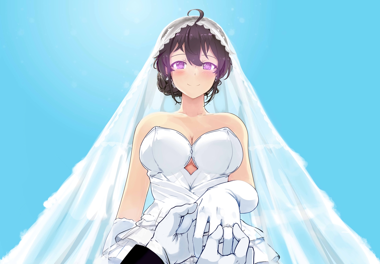 beifeng_han, black_hair, blush, breasts, cleavage, cyan, gloves, miyaura_sanshio, original, purple_eyes, wedding, wedding_attire