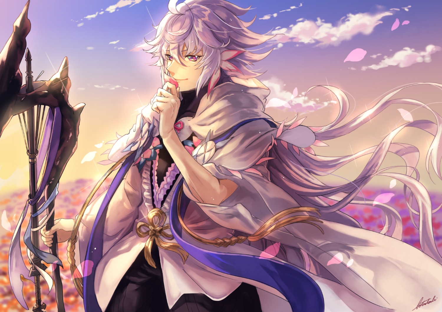all_male, botantouki, clouds, fate/grand_order, fate_(series), gray_hair, hood, long_hair