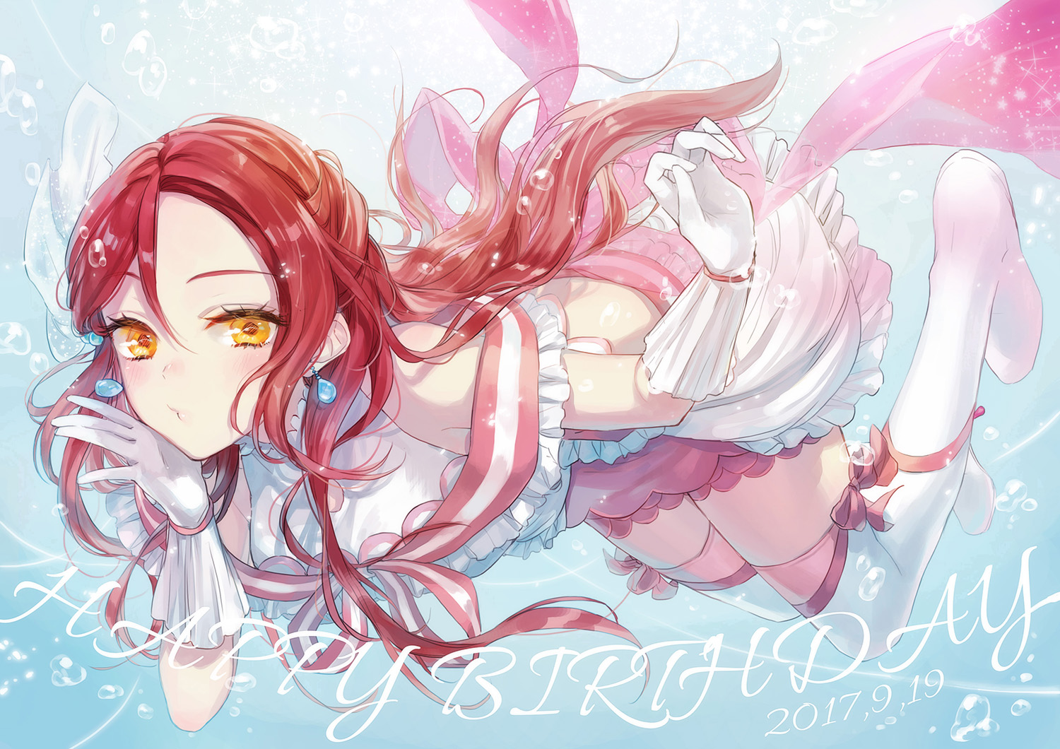 blush, boots, elbow_gloves, gloves, long_hair, love_live!_school_idol_project, love_live!_sunshine!!, orange_eyes, red_hair, sakurauchi_riko, skirt, sudach_koppe, zettai_ryouiki