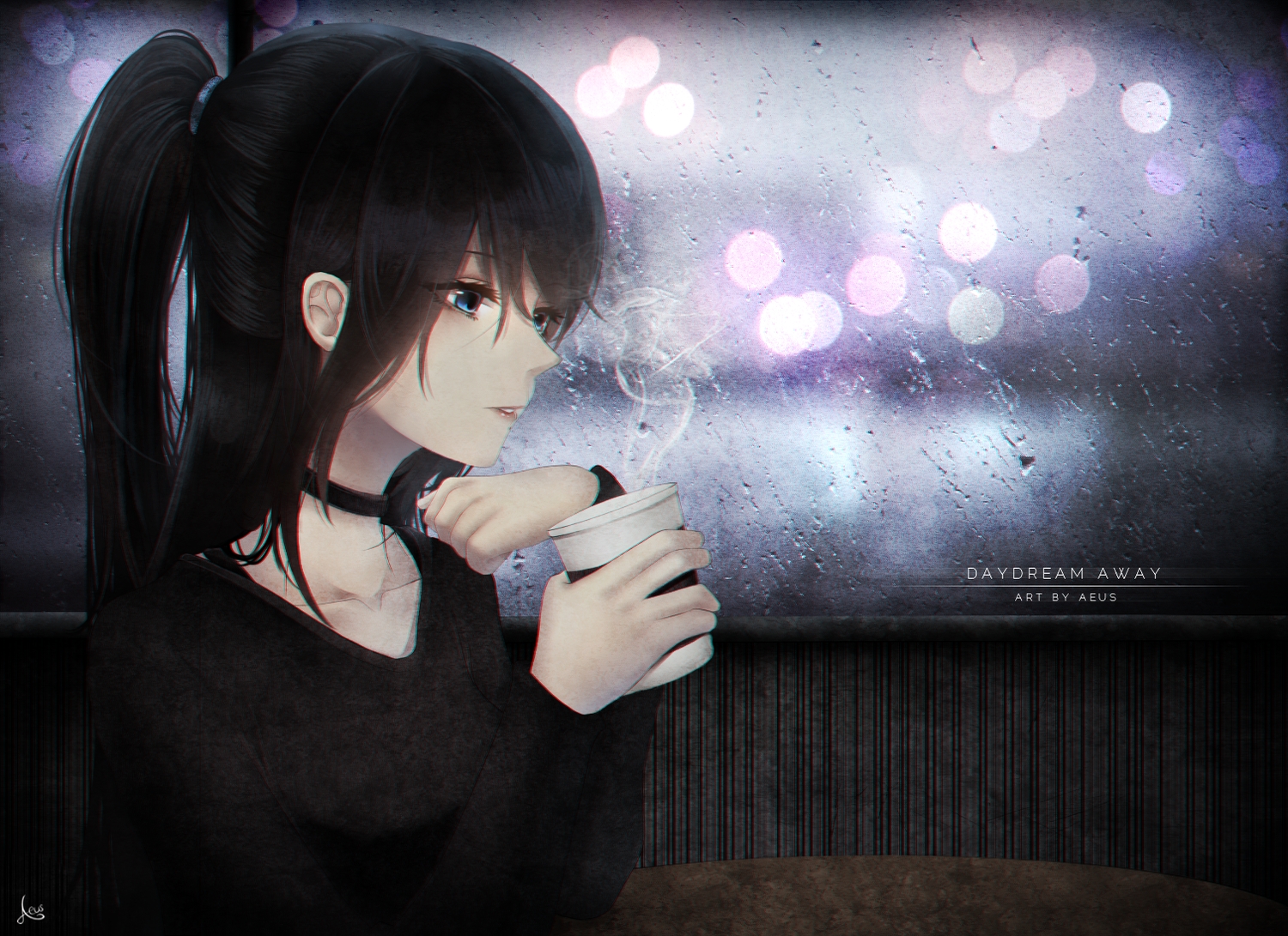aeus, black_hair, blue_eyes, choker, drink, long_hair, original, ponytail, rain, signed, water, watermark