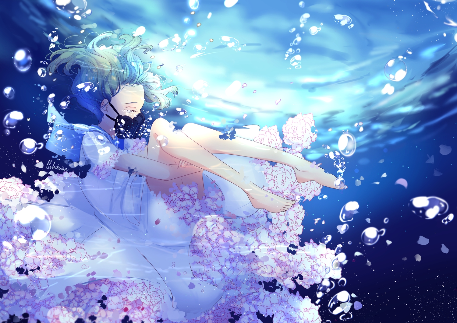 barefoot, bubbles, dress, flowers, green_hair, lluluchwan, mask, ohana_(lluluchwan)