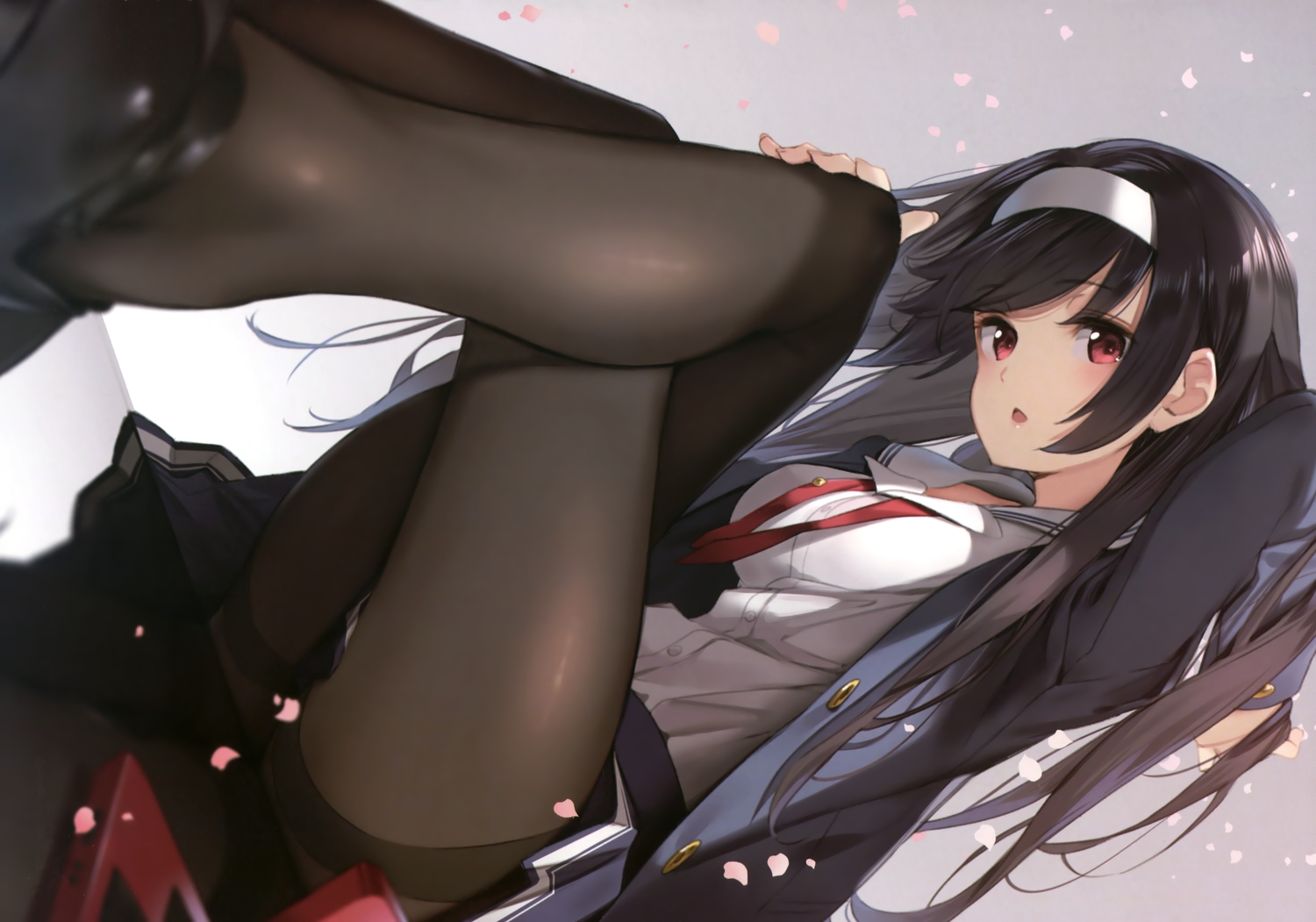 black_hair, brown_hair, headband, kasumigaoka_utaha, pantyhose, paseri, petals, red_eyes