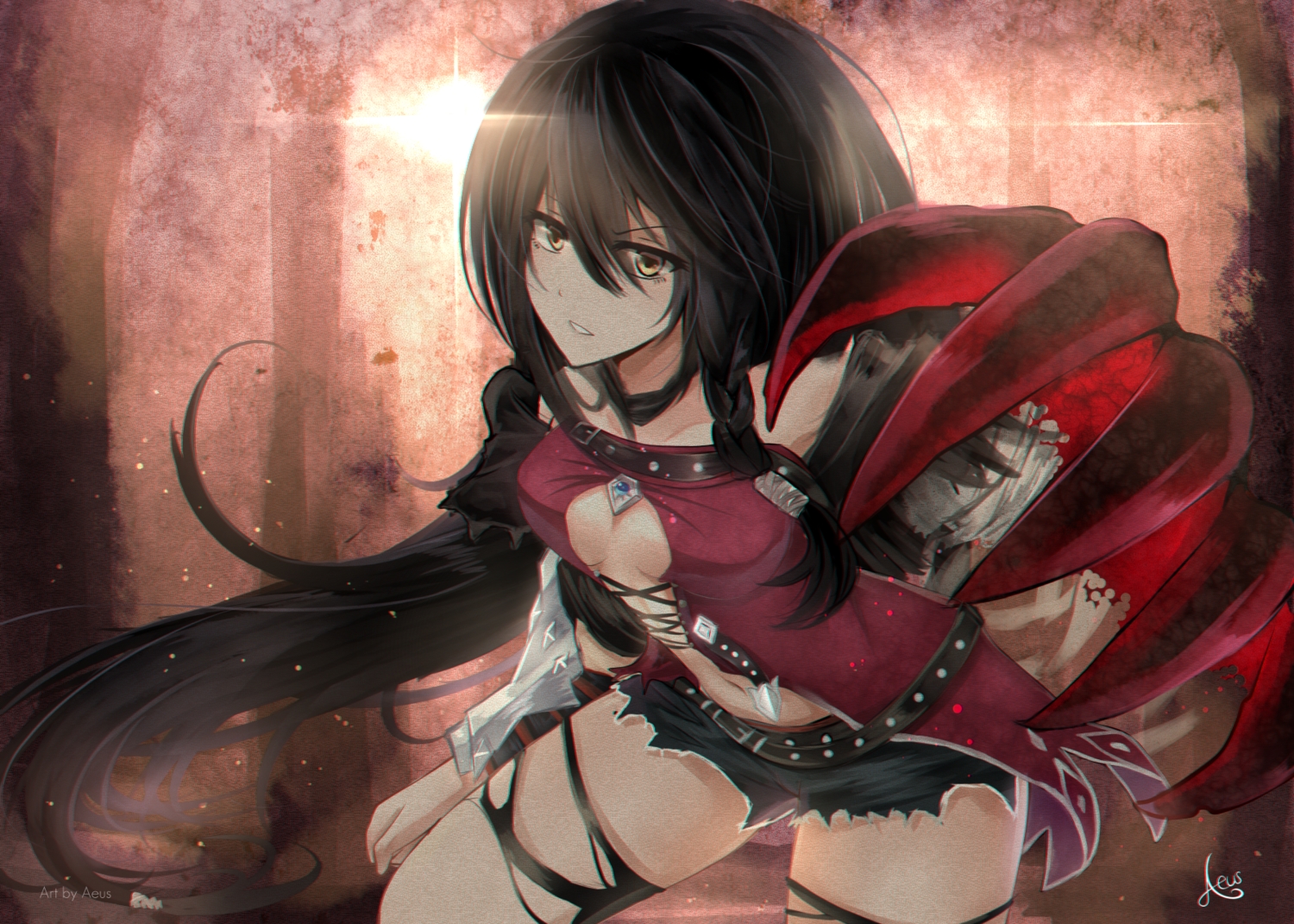 aeus, black_hair, braids, breasts, cleavage, long_hair, navel, shorts