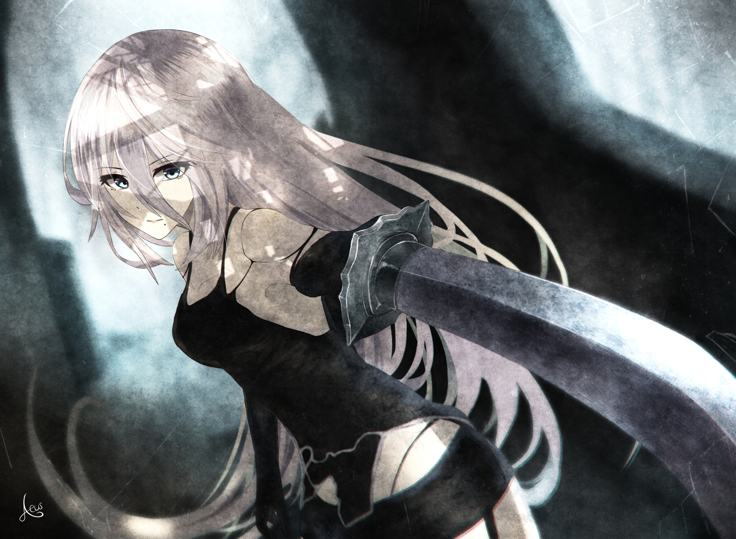aeus, blue_eyes, forest, long_hair, nier, nier:_automata, signed, sword, torn_clothes, tree, weapon, white_hair, yorha_unit_no._2_type_a