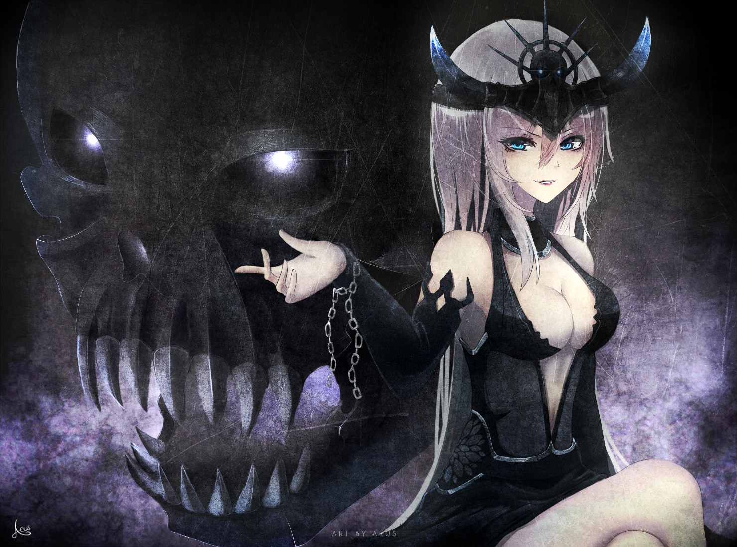 adventure_quest_worlds, aeus, blue_eyes, breasts, chain, choker, cleavage, gray_hair, headdress, long_hair, signed, skull, syrius_vii, watermark