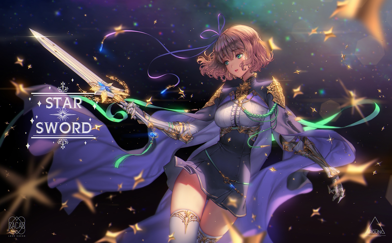 breasts, cape, dress, elbow_gloves, gloves, green_eyes, long_hair, love_cacao
