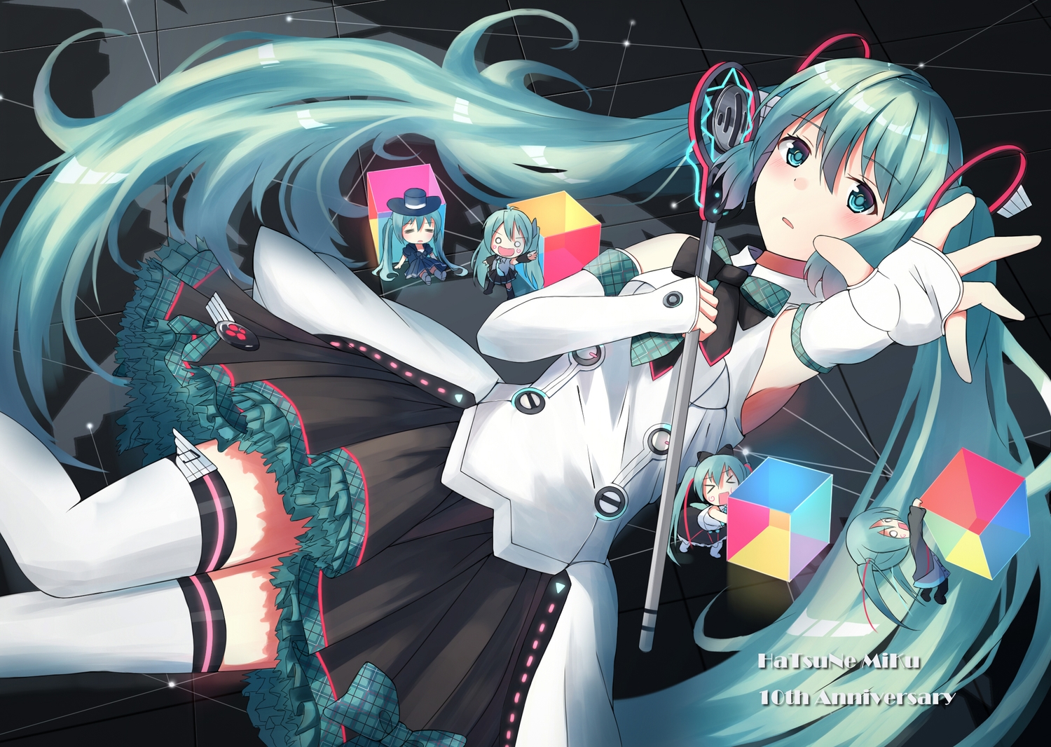 aqua_eyes, aqua_hair, bow, chibi, elbow_gloves, gloves, hachune_miku, hatsune_miku, long_hair, magical_mirai_(vocaloid), microphone, n2_(yf33), skirt, thighhighs, twintails, vocaloid