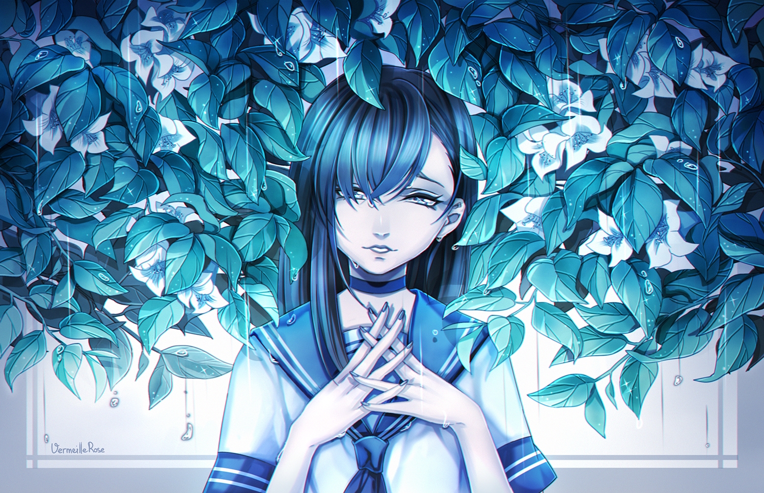 black_hair, blue_eyes, choker, flowers, long_hair, original, polychromatic, rain, school_uniform, signed, vermeillerose, water, wet
