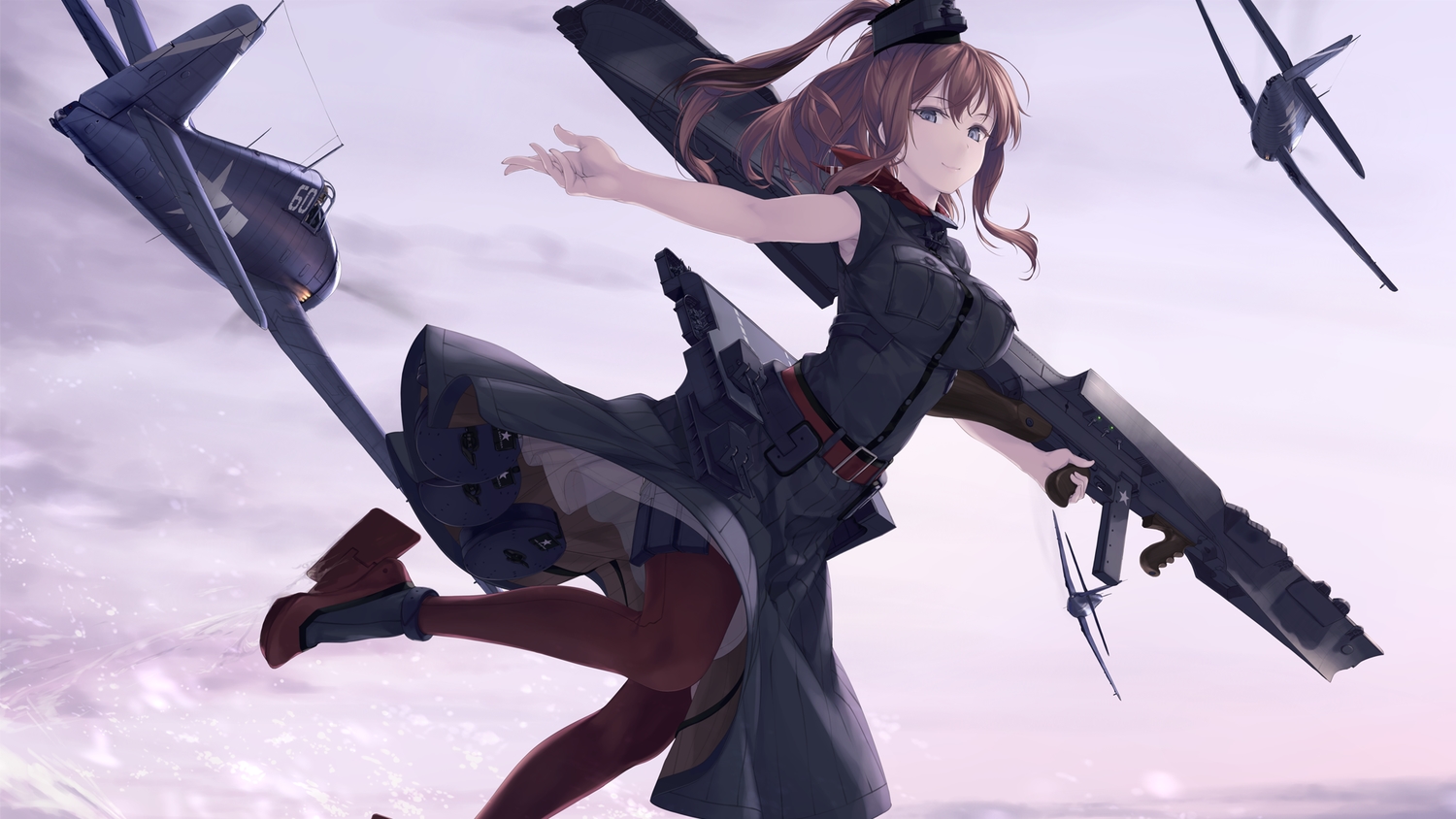 aircraft, anthropomorphism, breasts, brown_hair, combat_vehicle, dress, gun, kantai_collection