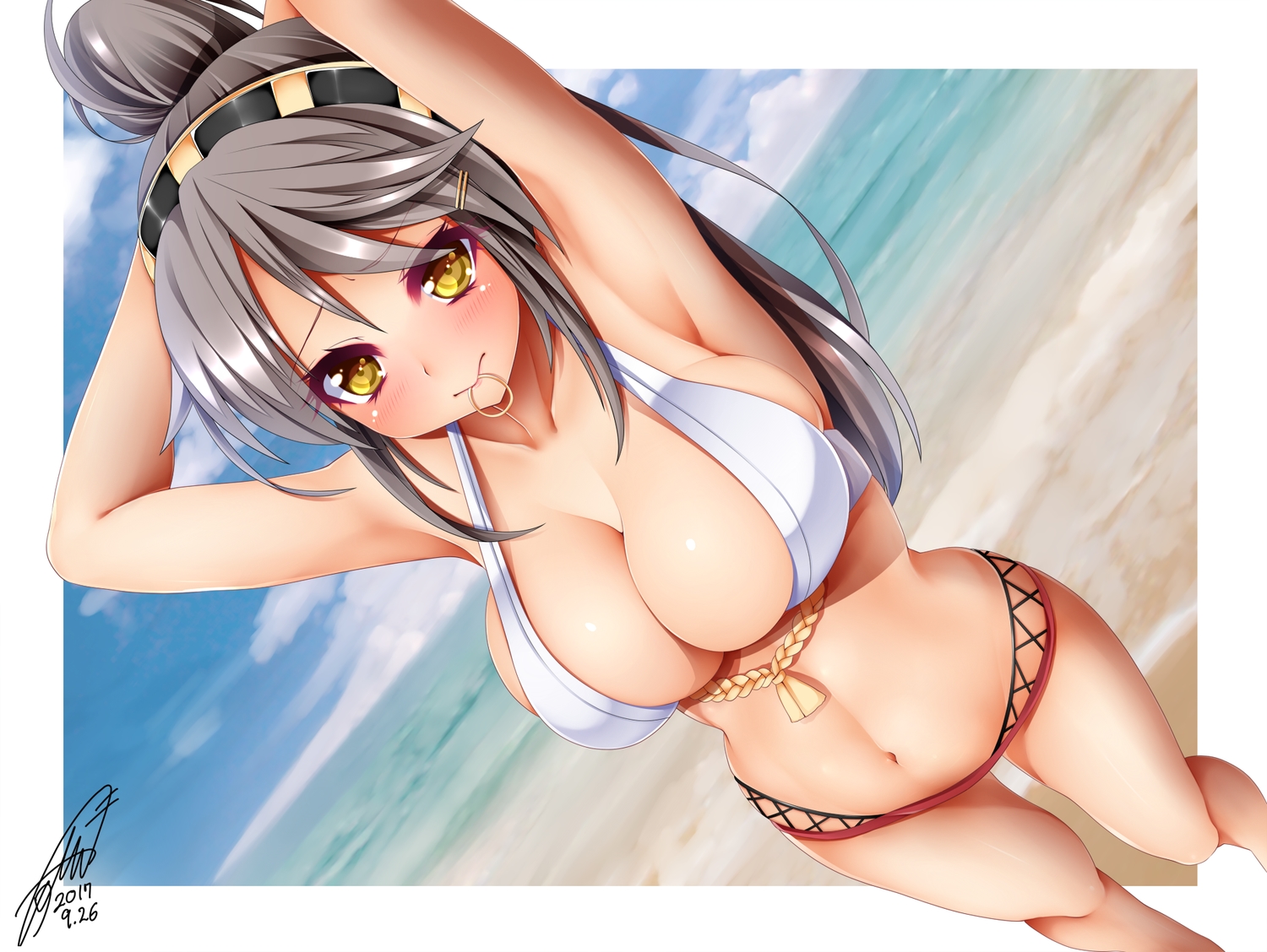 anthropomorphism, beach, bikini, black_hair, blush, breasts, cleavage, clouds, haruna_(kancolle), headband, jotti, kantai_collection, long_hair, navel, signed, sky, swimsuit, water, yellow_eyes