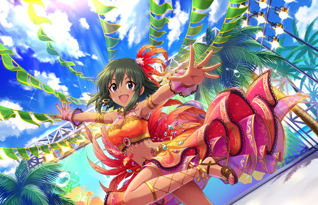 annin_doufu, clouds, dark_skin, green_hair, headdress, idolmaster, idolmaster_cinderella_girls, idolmaster_cinderella_girls_starlight_stage