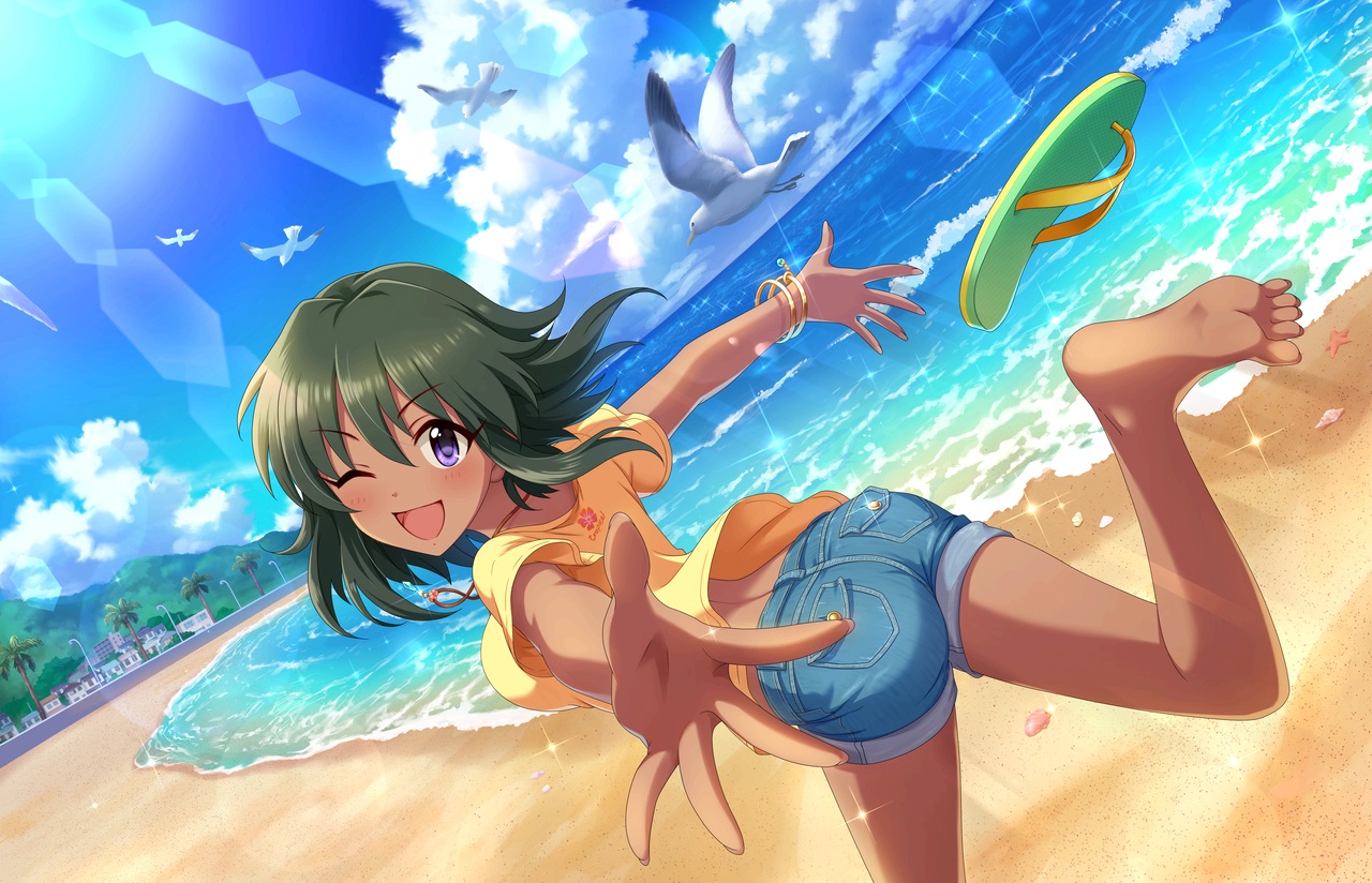 animal, annin_doufu, barefoot, beach, bird, clouds, dark_skin, green_hair