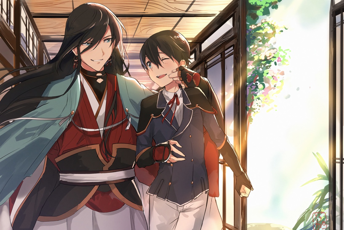 all_male, anthropomorphism, aqua_eyes, black_hair, gloves, izumi-no-kami_kanesada, japanese_clothes, kunihiro_horikawa, long_hair, male, short_hair, touken_ranbu, ume_(plumblossom), wink