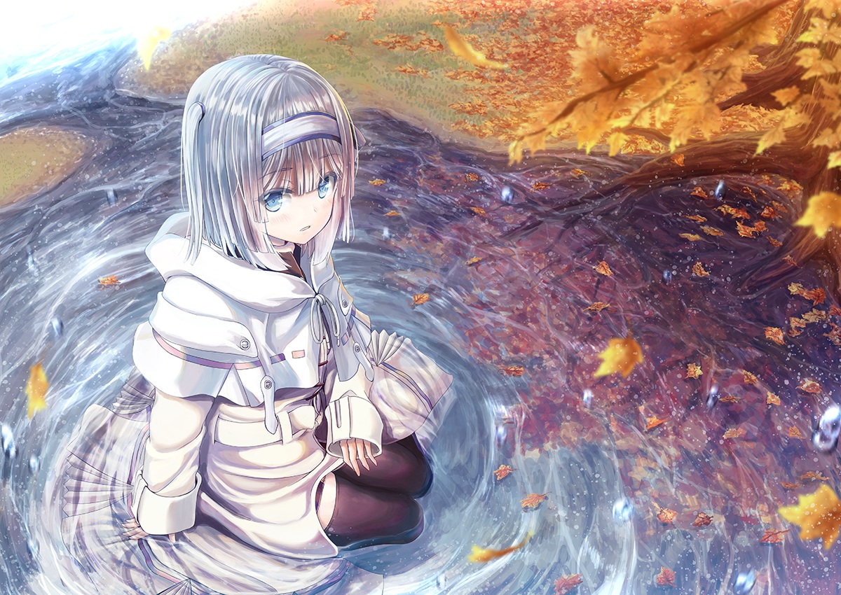 aqua_eyes, autumn, blush, gray_hair, headband, hood, leaves, original