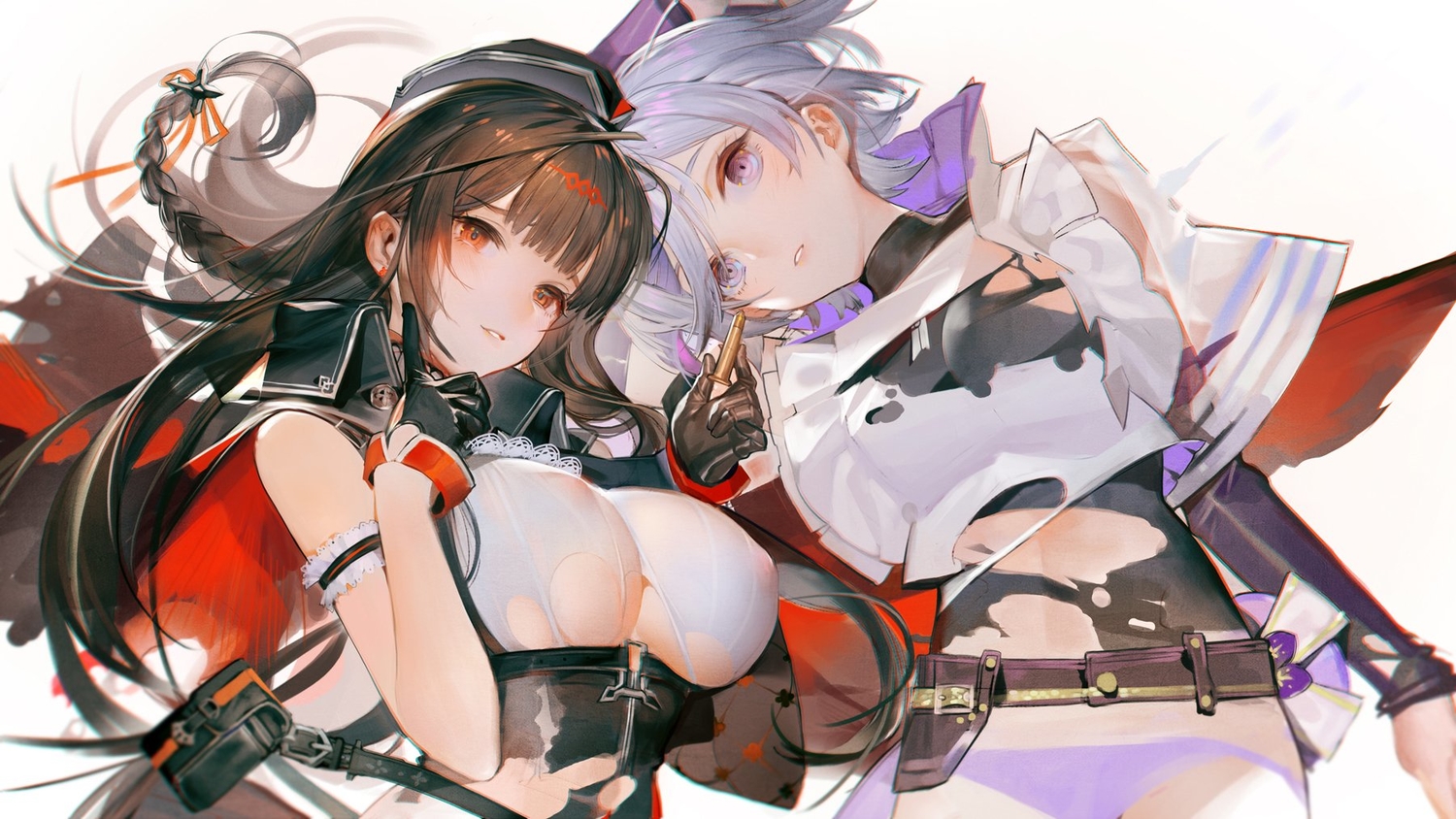 2girls, anthropomorphism, braids, brown_hair, dsr-50_(girls_frontline), erect_nipples, girls_frontline, gloves, gray_hair, liduke, long_hair, panties, purple_eyes, red_eyes, short_hair, thompson/center_contender_(girls_frontline), underwear