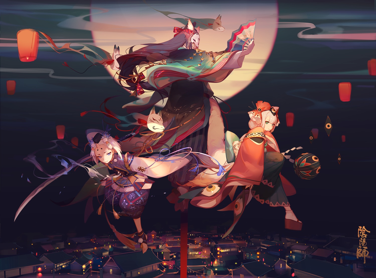 animal_ears, ask_(askzy), black_hair, blue_eyes, bow, building, city, doumeki_(onmyouji), fan, green_eyes, horns, japanese_clothes, long_hair, male, mask, moon, onmyouji, short_hair, socks, sword, tamamo_no_mae_(onmyouji), weapon, white_hair, yukidouji_(onmyouji)