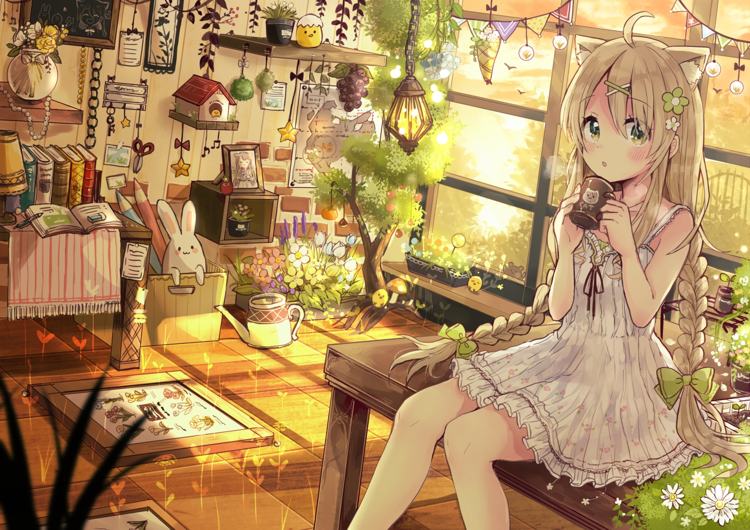 animal, animal_ears, blonde_hair, blush, book, bow, braids, catgirl, dress, drink, flowers, food, fruit, green_eyes, lolita_fashion, long_hair, original, paper, rabbit, sakura_oriko, twintails