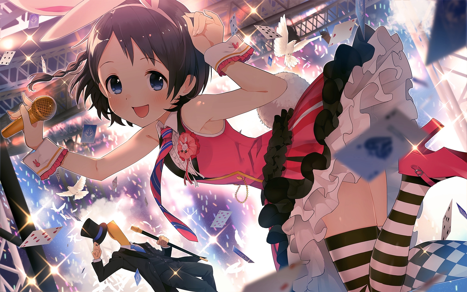 animal, animal_ears, bird, black_hair, blue_eyes, bunny_ears, bunnygirl, hat