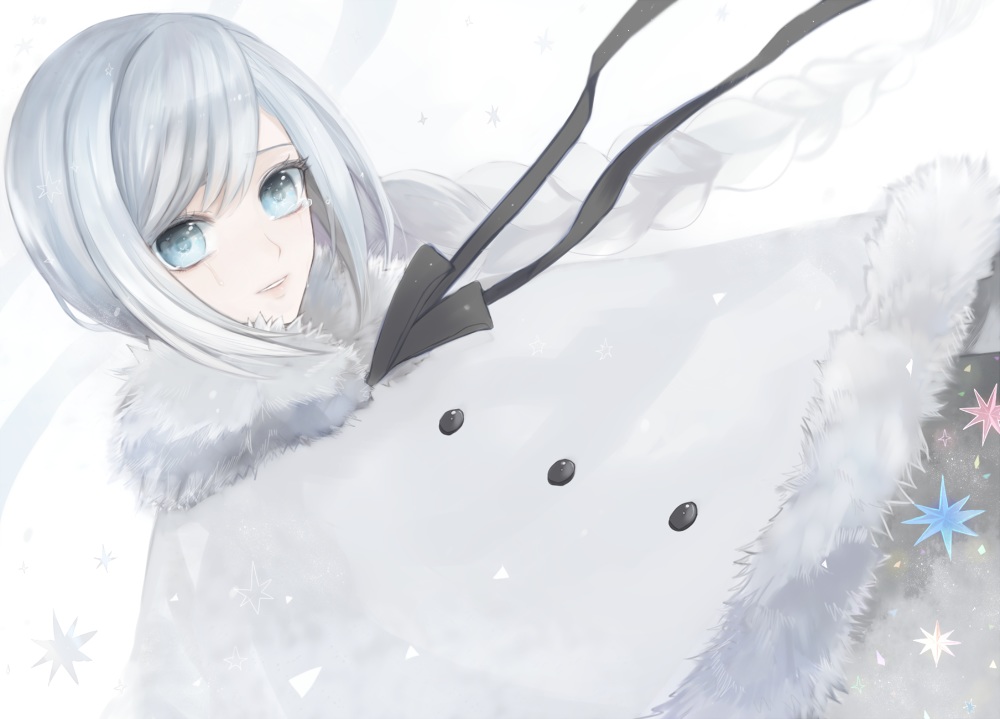 aqua_eyes, bow, braids, cape, gray_hair, long_hair, ponytail, ribbons, sekka_yufu, utau, yurari_(co10rs)