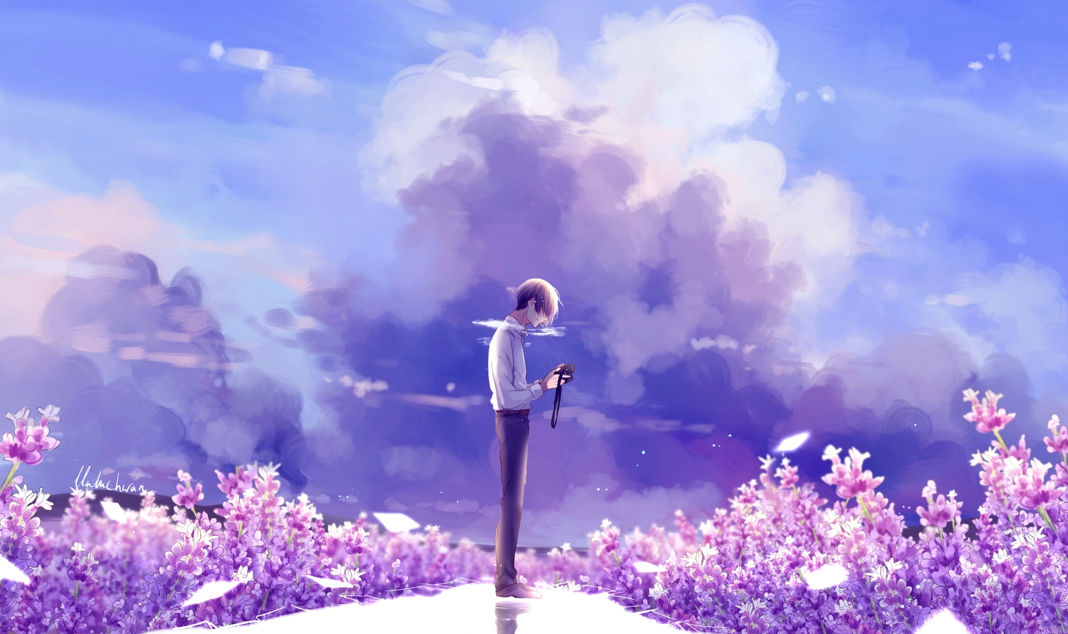 all_male, black_hair, camera, cigarette, clouds, flowers, koga_(lluluchwan), landscape