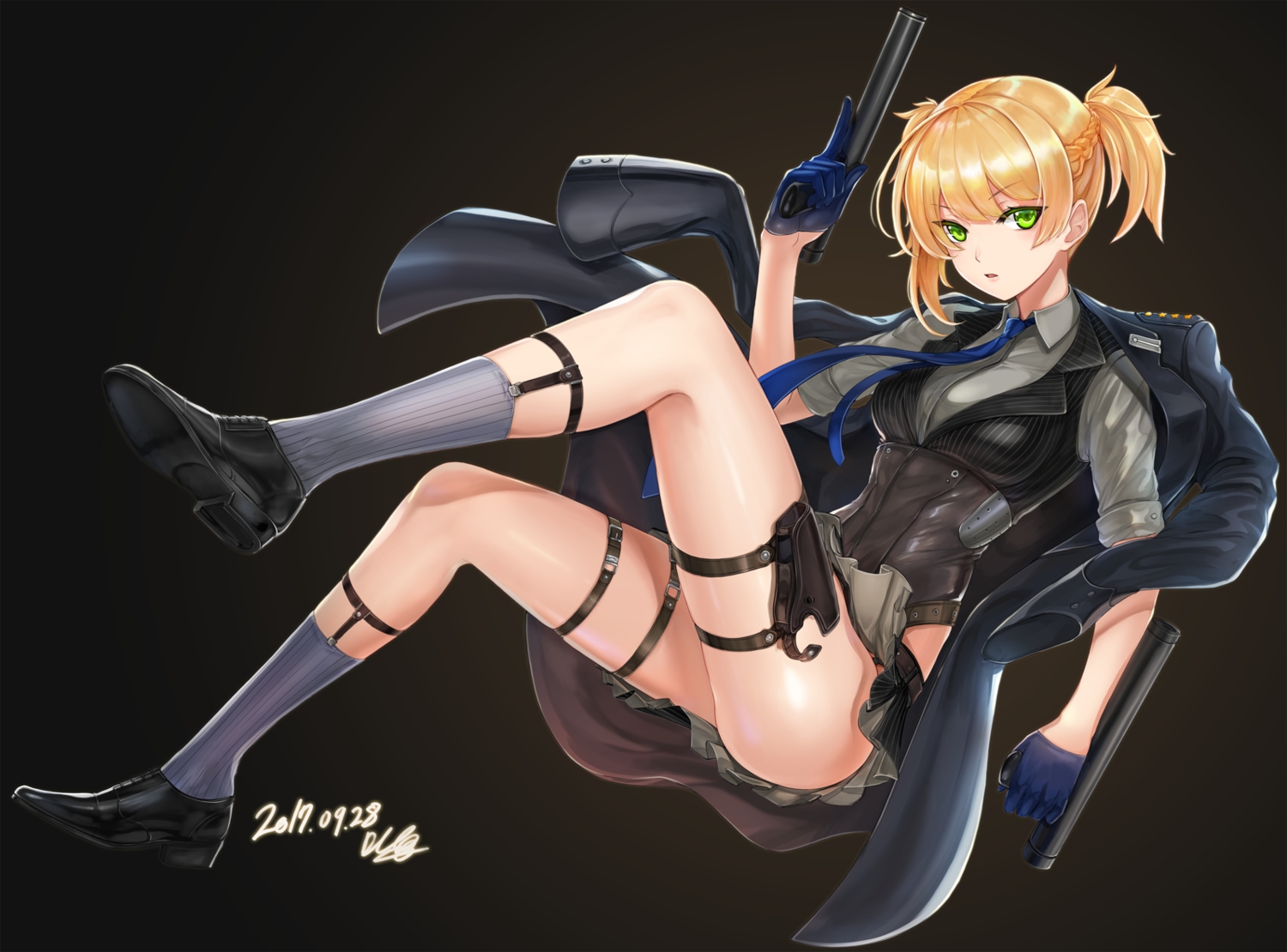 anthropomorphism, blonde_hair, braids, breasts, garter, girls_frontline, gloves, gradient, green_eyes, gun, kneehighs, mhg_(hellma), ponytail, short_hair, signed, skirt, socks, tie, weapon, welrod_mkii_(girls_frontline)
