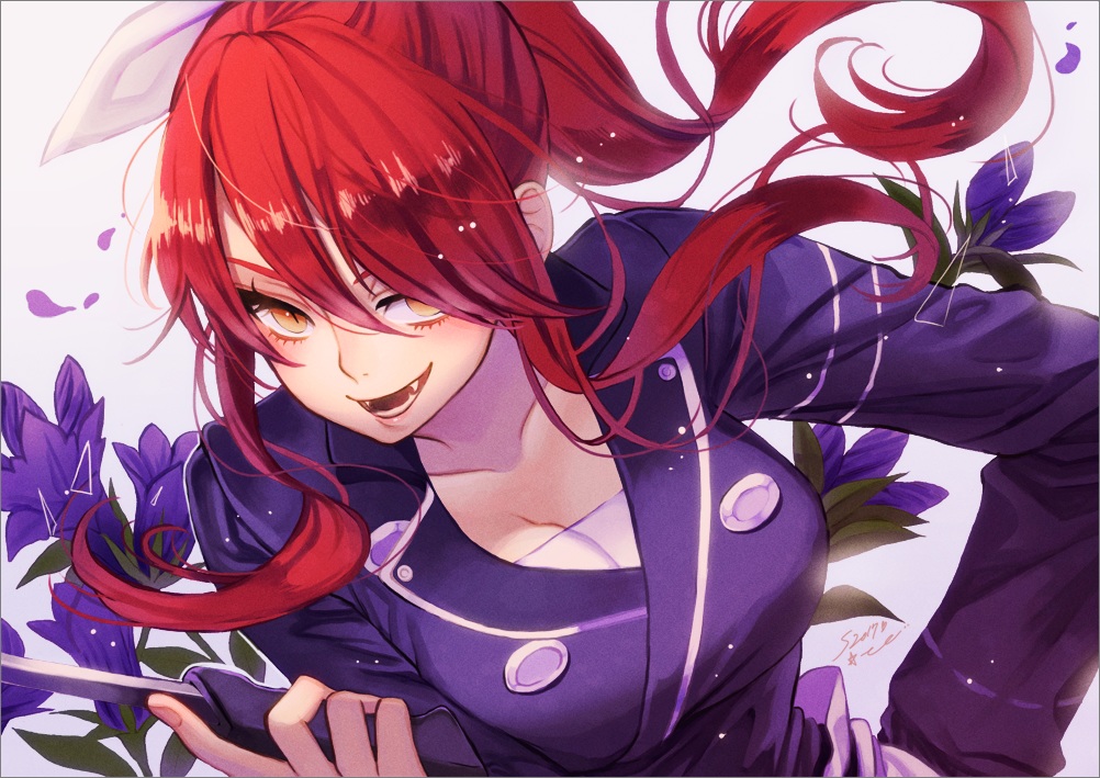 breasts, cleavage, fang, flowers, knife, kobayashi_rindou, long_hair, orange_eyes, petals, ponytail, red_hair, shokugeki_no_souma, signed, sudou_kira