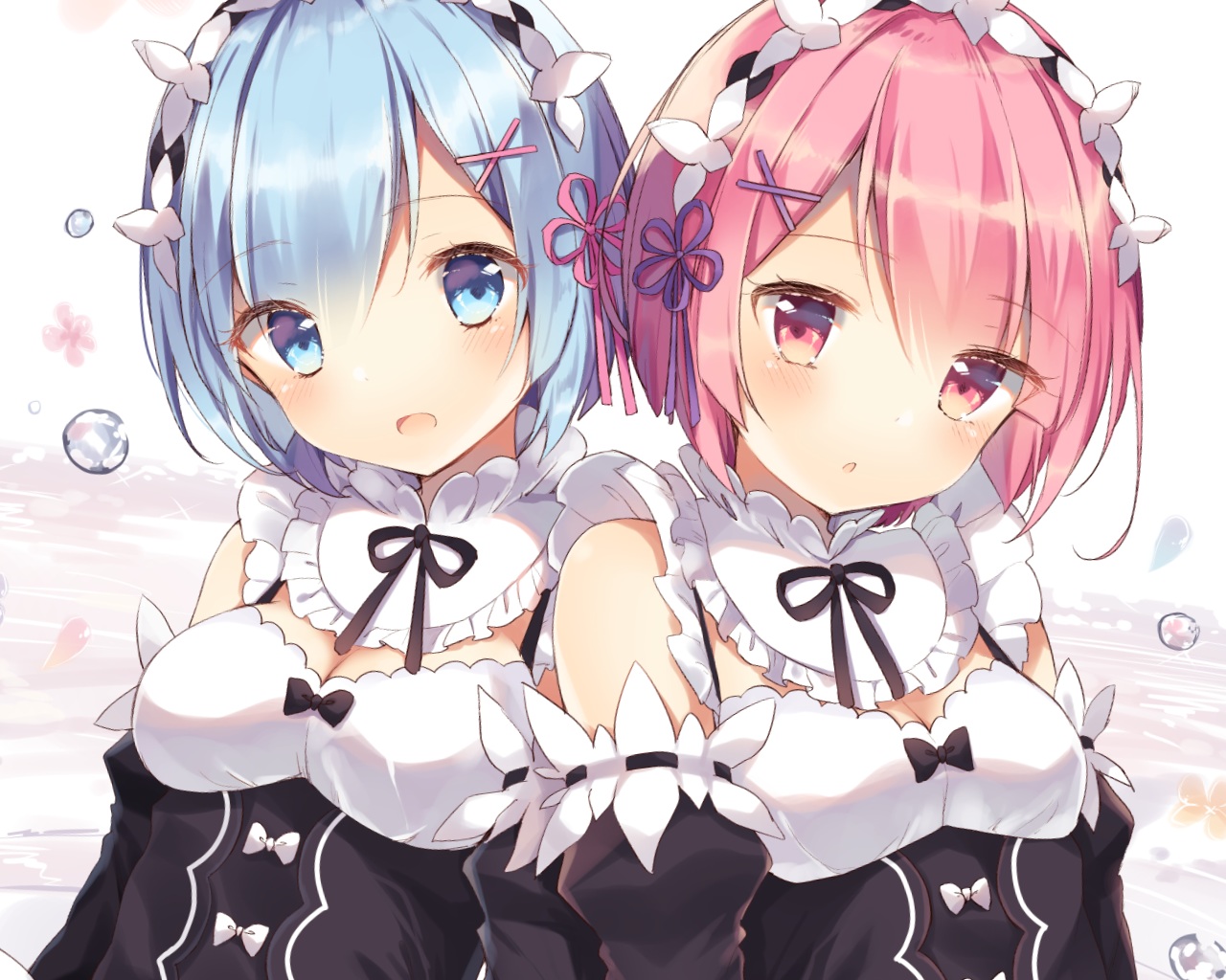 2girls, blue_eyes, blue_hair, blush, bow, breasts, cleavage, close
