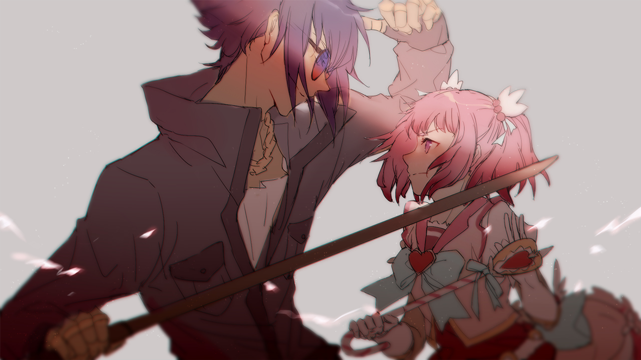 18_(backstreetno18), blush, elbow_gloves, glasses, gloves, kirameki_mamika, male, mirokuji_yuuya, pink_hair, purple_eyes, purple_hair, re:creators, school_uniform, shirt, short_hair, sunglasses, twintails, wand