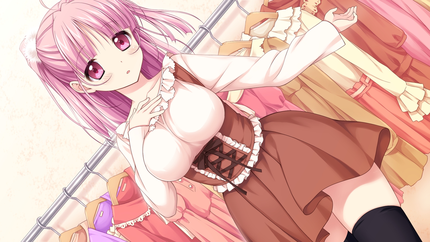 blush, breasts, dress, game_cg, kusunoki_chitose, love_of_renai_koutei_of_love!, pink_eyes, pink_hair