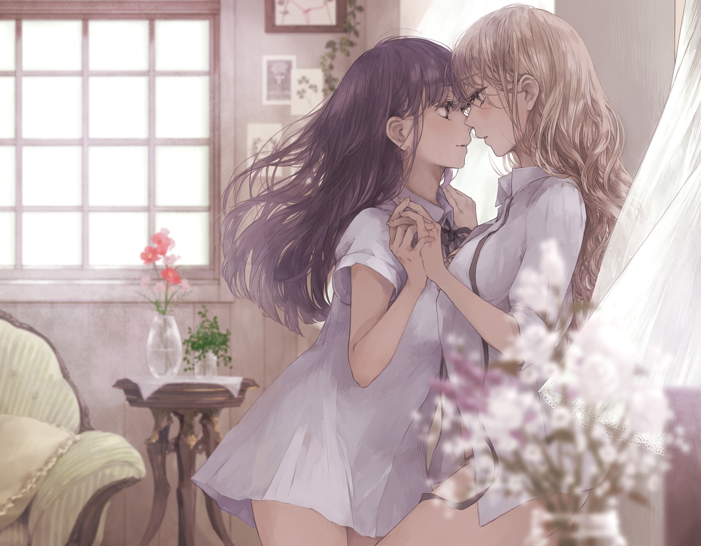 2girls, black_eyes, blonde_hair, brown_hair, cropped, dress, flowers, kakmxxxny06, long_hair, original, shoujo_ai, yellow_eyes