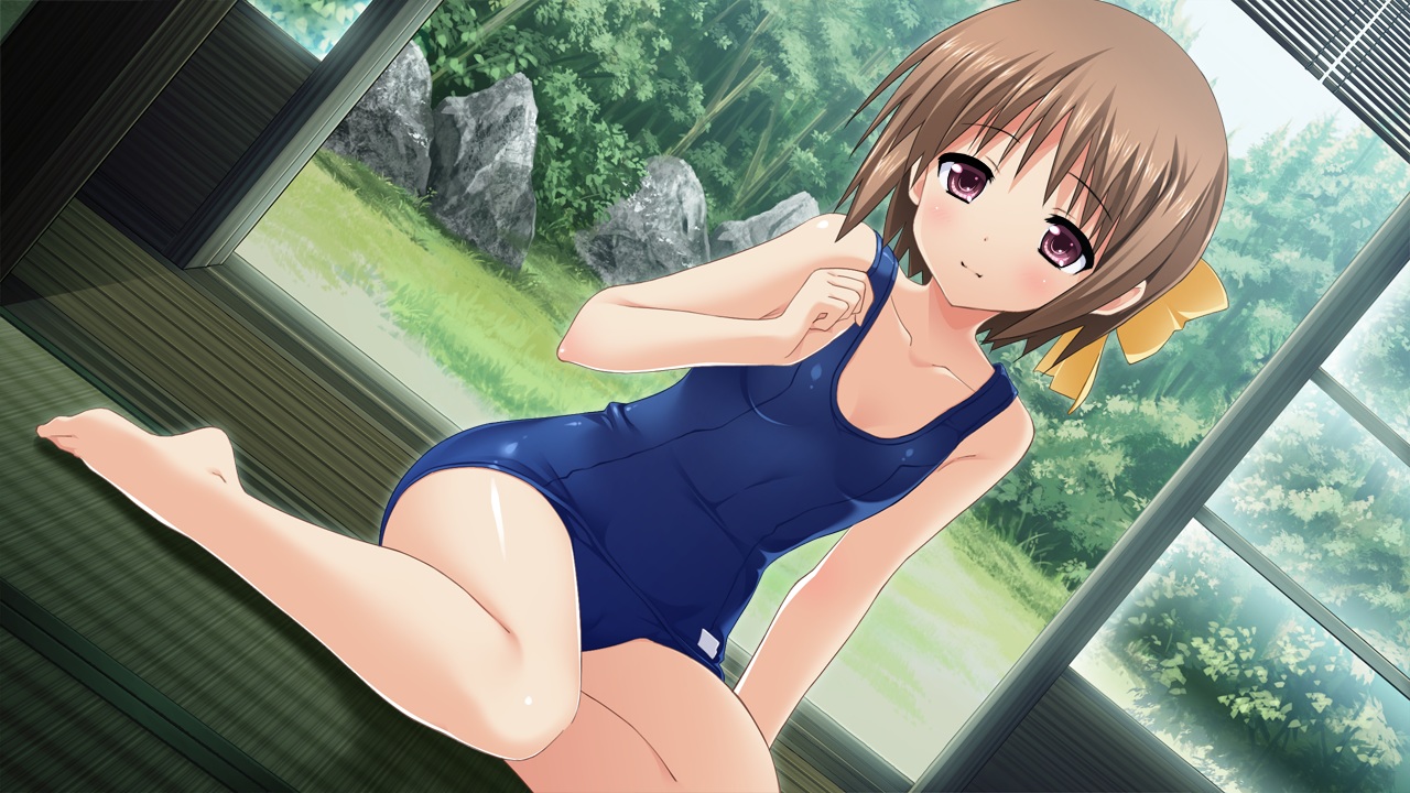 brown_eyes, brown_hair, game_cg, hiide, hiqo_soft, omokage_railback, school_swimsuit, short_hair, swimsuit, yagurana_iroha
