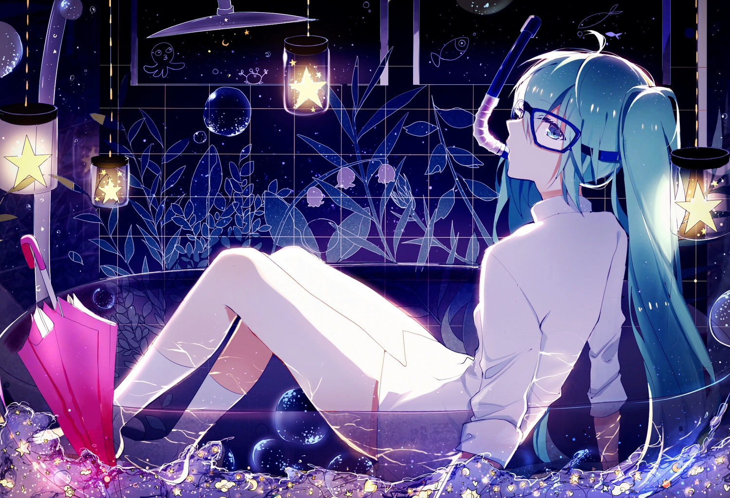 aqua_eyes, aqua_hair, goggles, hatsune_miku, lococo:p, long_hair, naked_shirt, shirt, socks, twintails, umbrella, vocaloid
