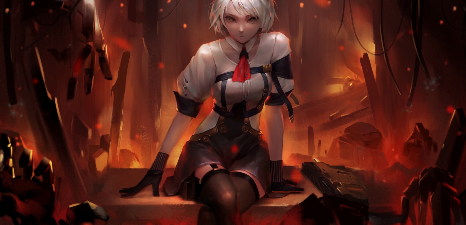 anthropomorphism, girls_frontline, gloves, ruins, short_hair, skirt, tagme_(artist), thighhighs