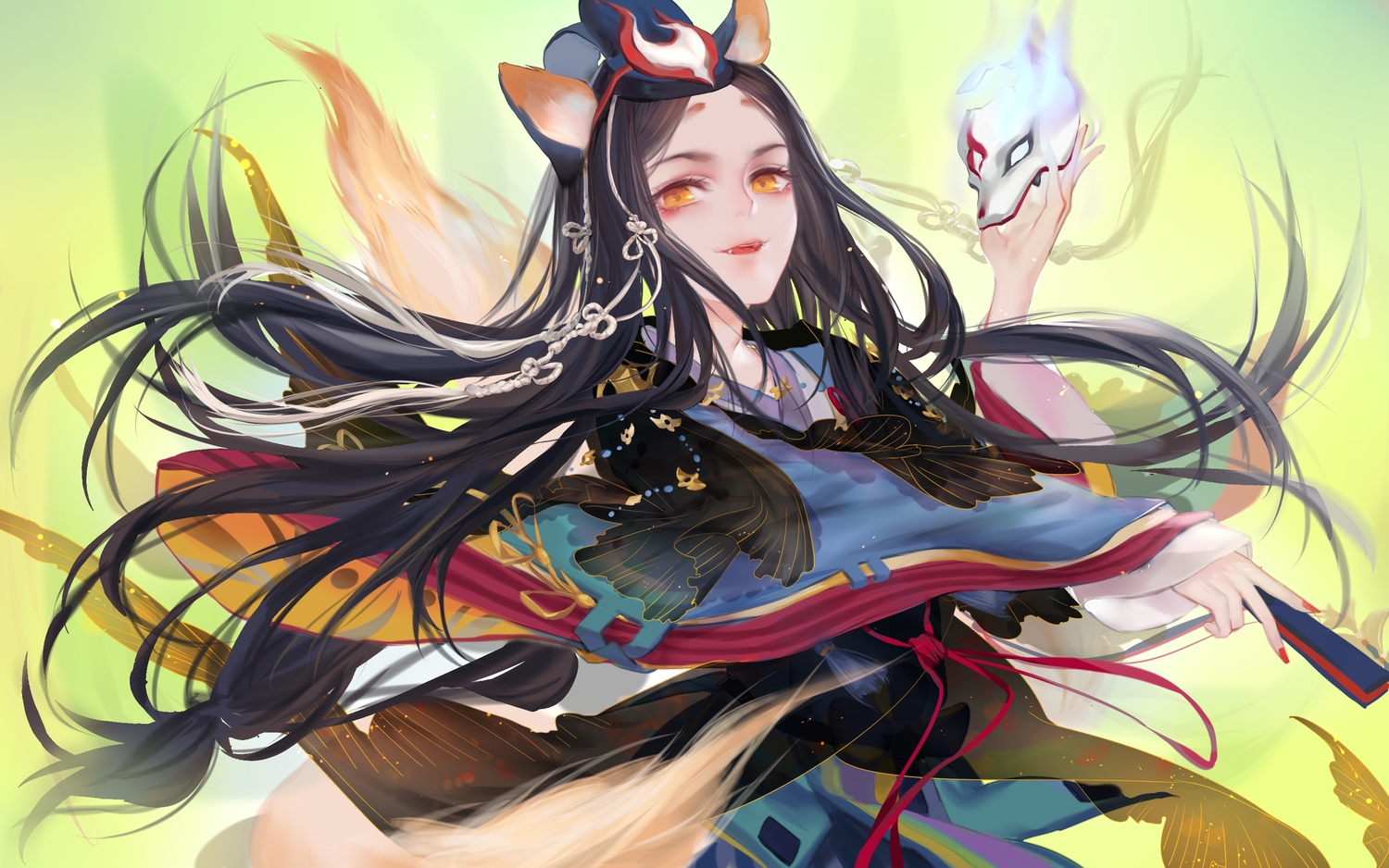 all_male, animal_ears, black_hair, hat, japanese_clothes, long_hair, male, mask