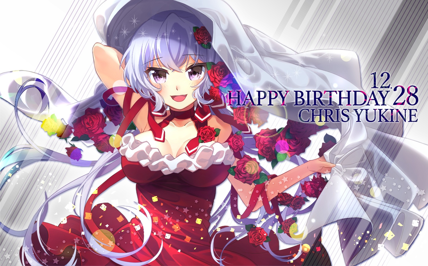 blush, breasts, dress, flowers, long_hair, pink_eyes, ribbons, rose, senki_zesshou_symphogear, wada_chiyon, yukine_chris