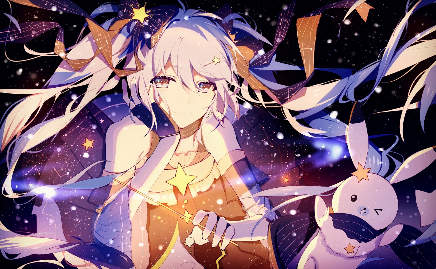 animal, blue_eyes, blue_hair, bow, hatsune_miku, lococo:p, long_hair, rabbit